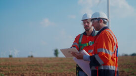 Two construction workers talking